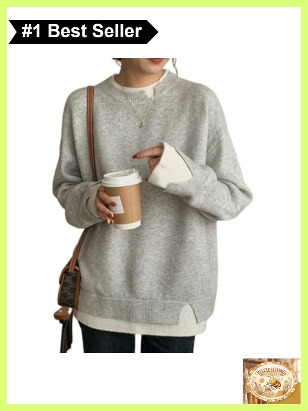 LOZ Women's Oversized Crew Neck Contrast Knit Pullover Sweater